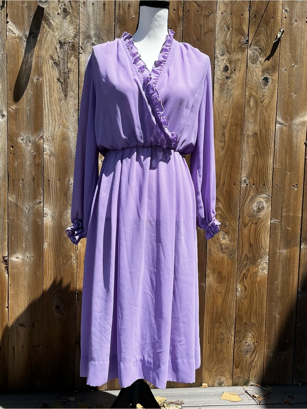Vintage 70s Whimsical Woman’s Sheer Lavender Ruffle Wrap Midi Dress